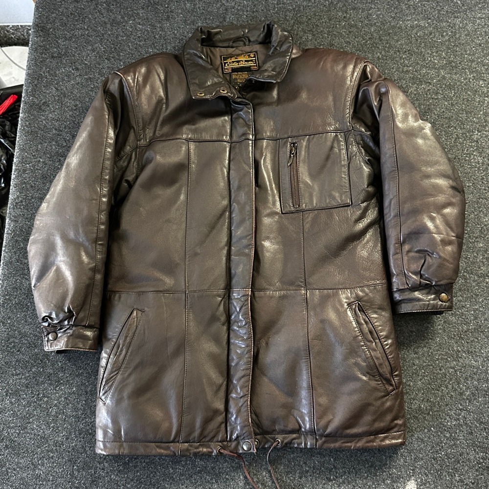 VTG Eddie Bauer Womens Brown Leather Goose Down Parka Jacket Size Small Puffer